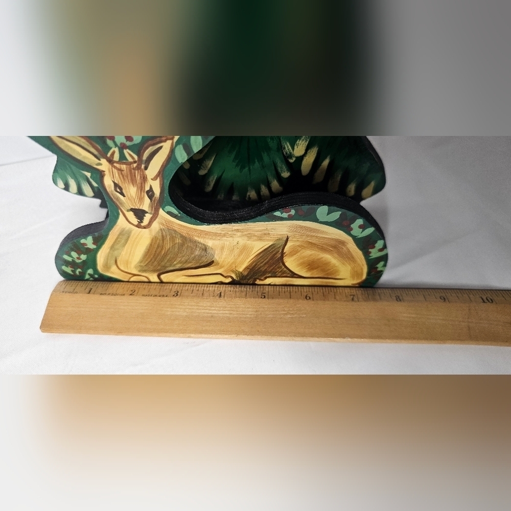 Vintage Wood Handpainted Napkin Holder 11” Tall Deer & Tree Christmas Holidays - Picture 8 of 8